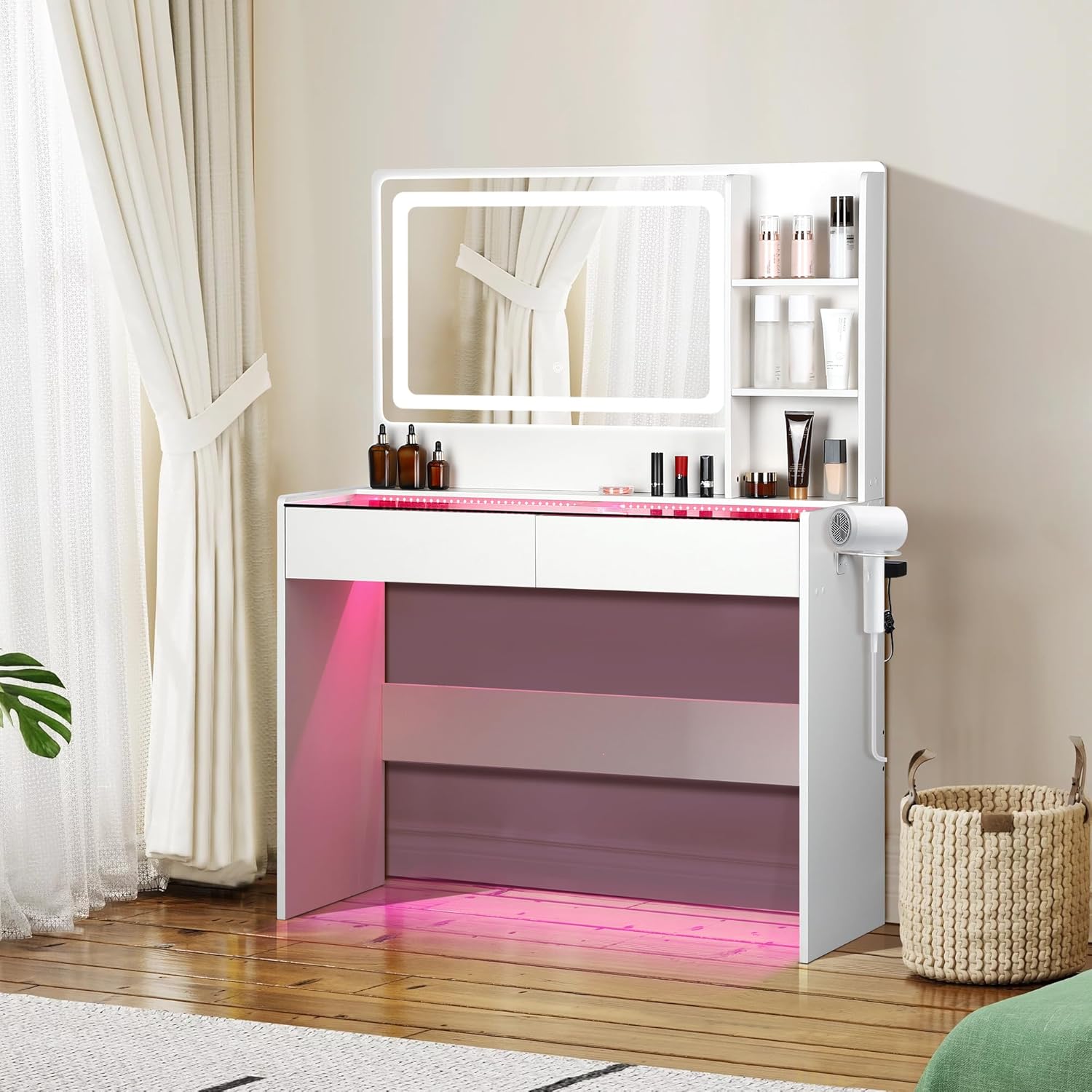 Vanity Desk,Makeup Vanity Desk with Mirror and Lights,Transparent Top with LED Multiple Color Lights,Mirror 3 Color Modes 2 Drawers,Power Outlet,Dressing Table for Girls Bedroom,Peach