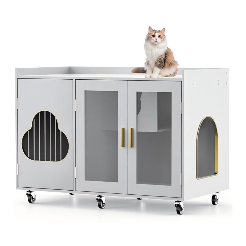 Transparent Glass Door Cat Litter Box,Modern Indoor Cat House,Wooden Cat Toilet Furniture,Pet House,Living Room Side Table,Suitable for Corridors, Bedrooms,Living Room,White