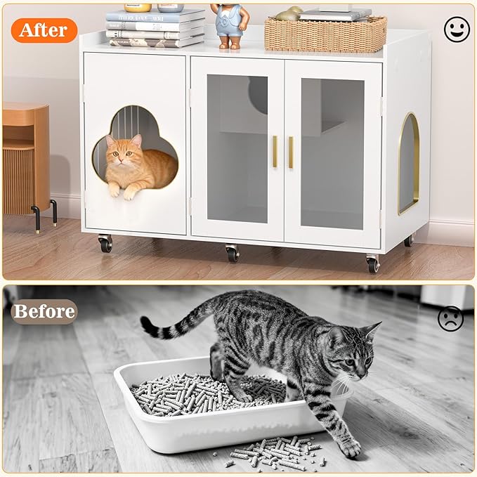 Transparent Glass Door Cat Litter Box,Modern Indoor Cat House,Wooden Cat Toilet Furniture,Pet House,Living Room Side Table,Suitable for Corridors, Bedrooms,Living Room,White