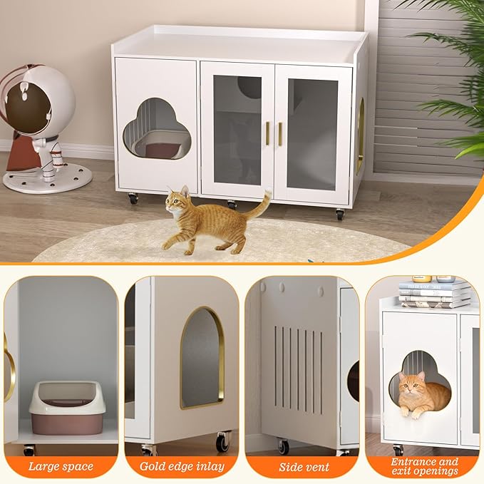 Transparent Glass Door Cat Litter Box,Modern Indoor Cat House,Wooden Cat Toilet Furniture,Pet House,Living Room Side Table,Suitable for Corridors, Bedrooms,Living Room,White