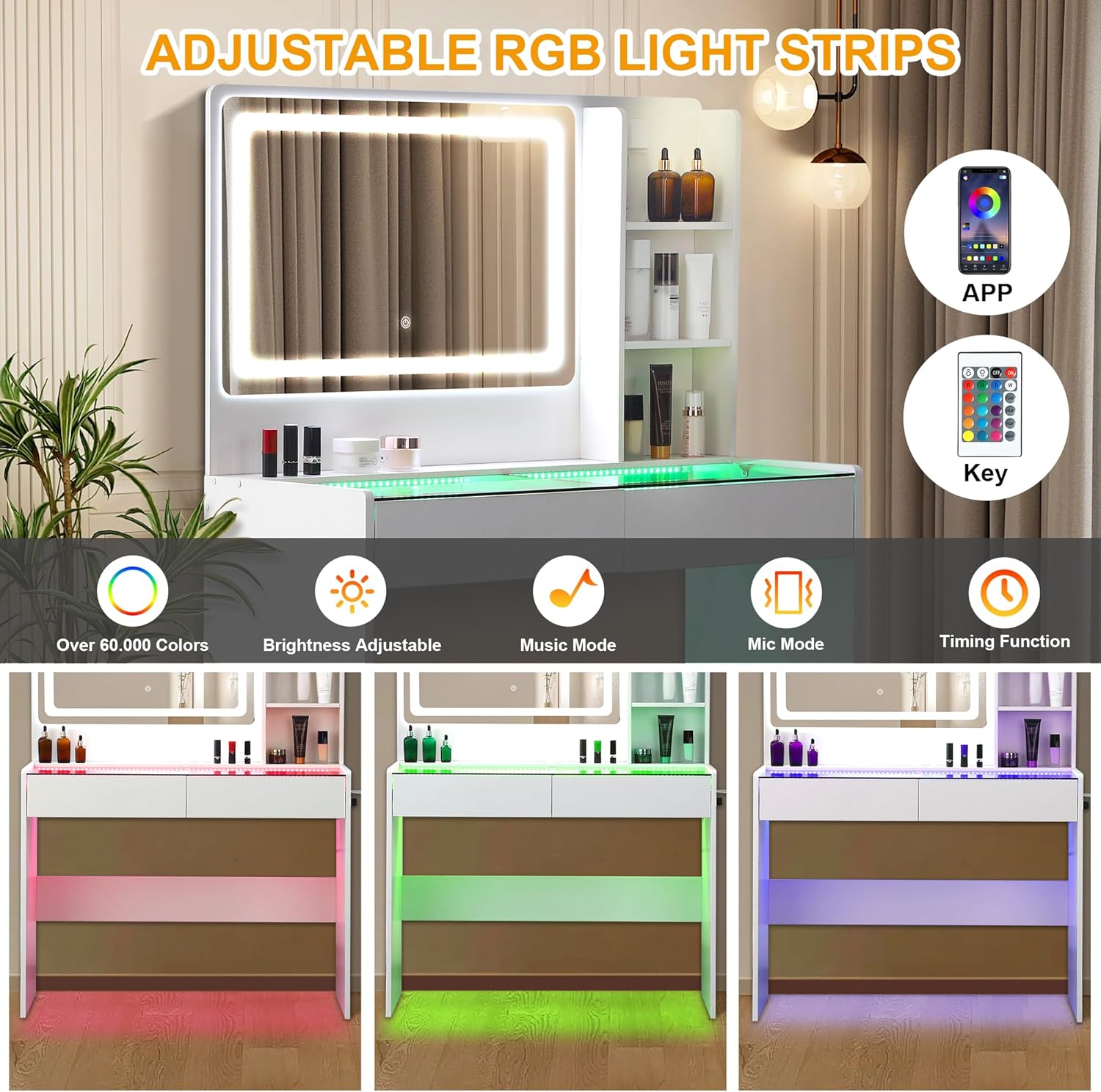 Vanity Desk,Makeup Vanity Desk with Mirror and Lights,Transparent Top with LED Multiple Color Lights,Mirror 3 Color Modes 2 Drawers,Power Outlet,Dressing Table for Girls Bedroom,Peach