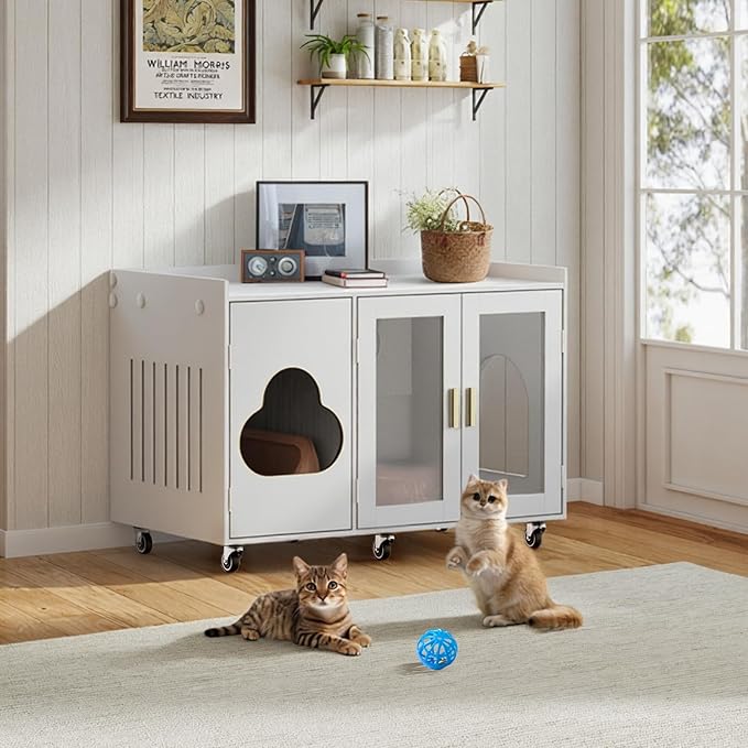 Transparent Glass Door Cat Litter Box,Modern Indoor Cat House,Wooden Cat Toilet Furniture,Pet House,Living Room Side Table,Suitable for Corridors, Bedrooms,Living Room,White