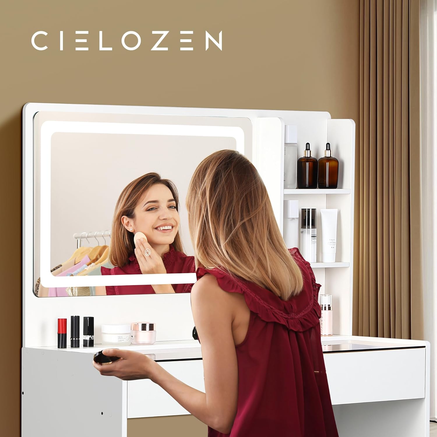 Vanity Desk,Makeup Vanity Desk with Mirror and Lights,Transparent Top with LED Multiple Color Lights,Mirror 3 Color Modes 2 Drawers,Power Outlet,Dressing Table for Girls Bedroom,Peach