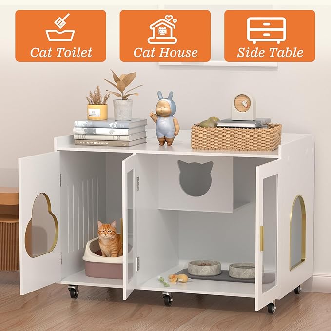 Transparent Glass Door Cat Litter Box,Modern Indoor Cat House,Wooden Cat Toilet Furniture,Pet House,Living Room Side Table,Suitable for Corridors, Bedrooms,Living Room,White