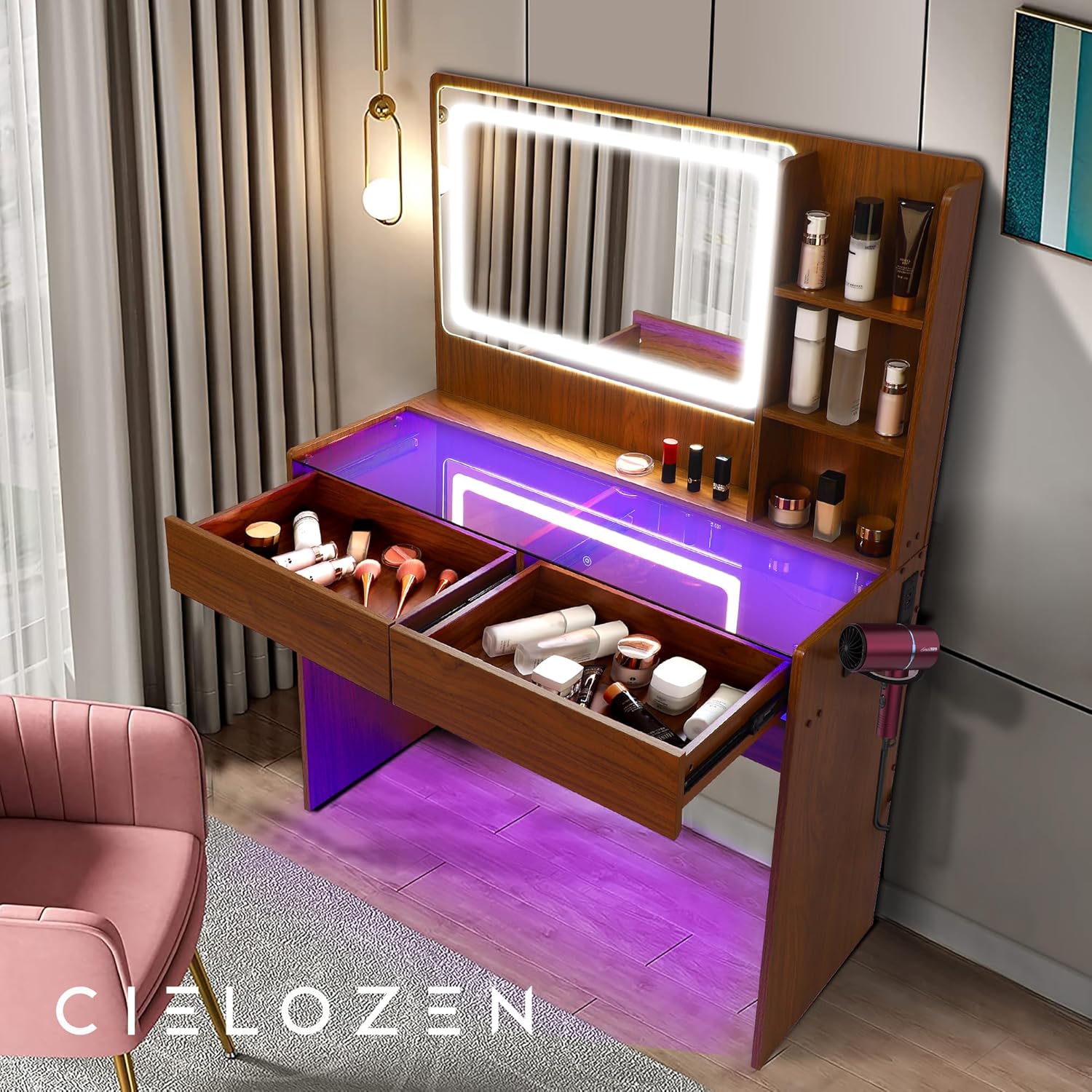 Vanity Desk,Makeup Vanity Desk with Mirror and Lights,Transparent Top with LED Multiple Color Lights,Mirror 3 Color Modes 2 Drawers,Power Outlet,Dressing Table for Girls Bedroom,Peach