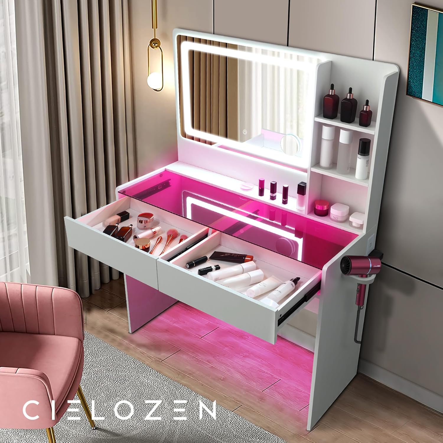Vanity Desk,Makeup Vanity Desk with Mirror and Lights,Transparent Top with LED Multiple Color Lights,Mirror 3 Color Modes 2 Drawers,Power Outlet,Dressing Table for Girls Bedroom,Peach